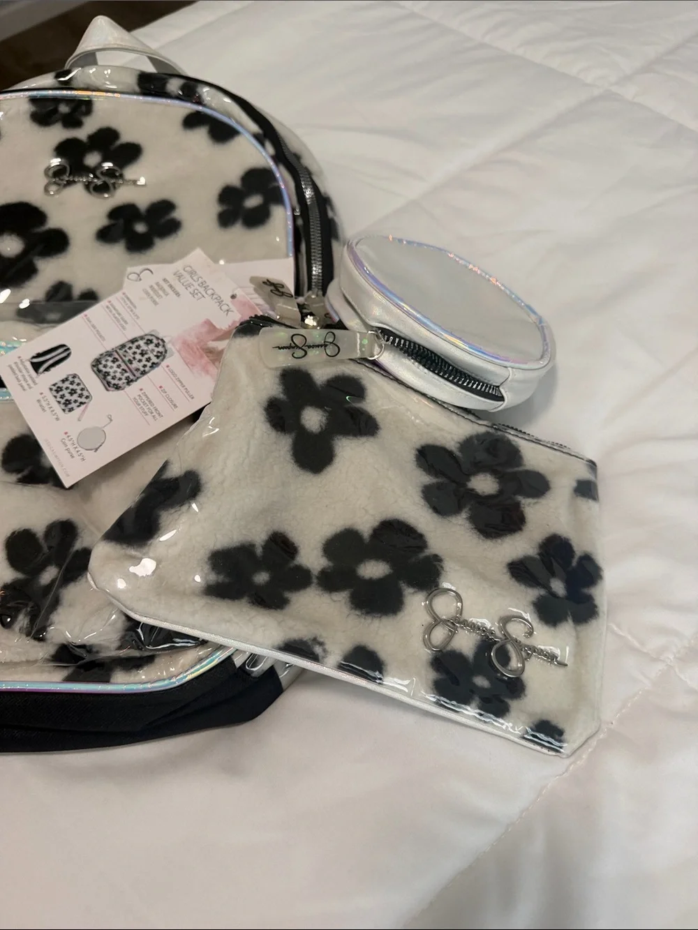 Jessica Simpson Cream and Black Floral Faux-Fur Backpack Value Set